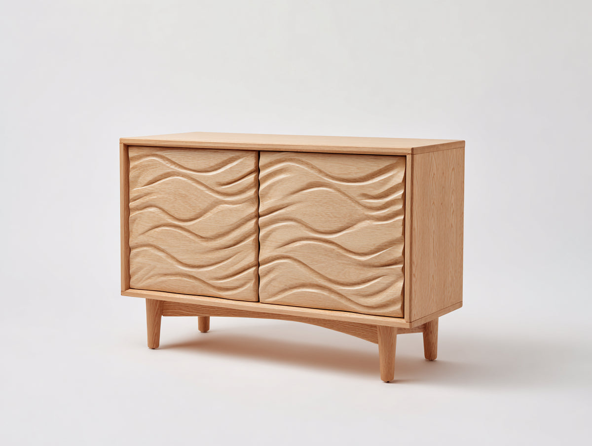 Sideboard-Holz-122×42×78 cm-Naturholz-Wellenrelief fürs Wohnzimmer
