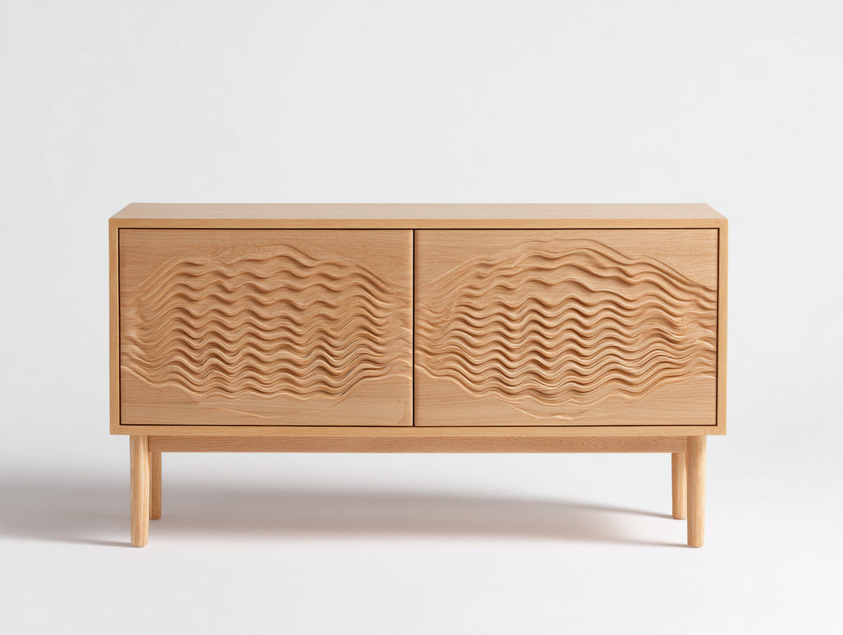 Sideboard aus Eichenholz 150×45×80 cm Natur für Wohnzimmer – 2 Türen mit Wellenrelief