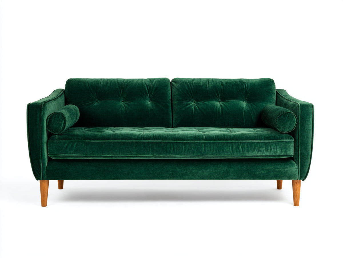 Sofa aus Samtstoff 215×90×85 cm Dunkelgrün-Naturbraun für Wohnzimmer – gepolstertes Retrodesign