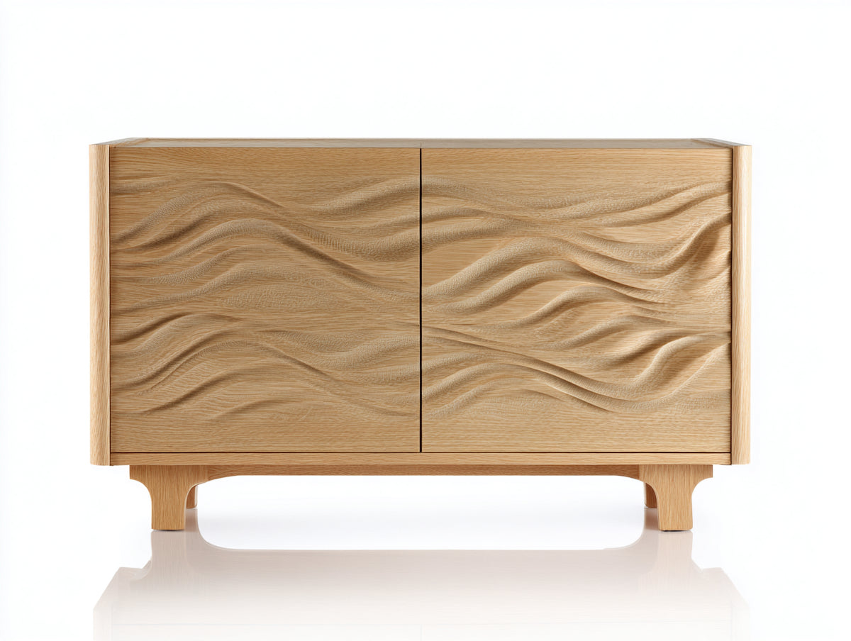Sideboard-Holz-145×44×79 cm-Eiche natur-zwei Türen mit fließender Liniengravur fürs Wohnzimmer