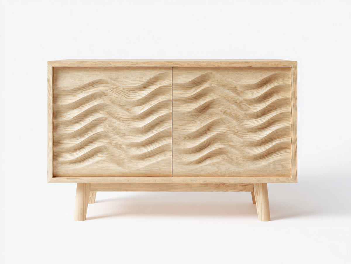 Sideboard-Eichenholz-148×41×83 cm-Helleiche-zweitürig mit dichtem Wellenfries fürs Wohnzimmer
