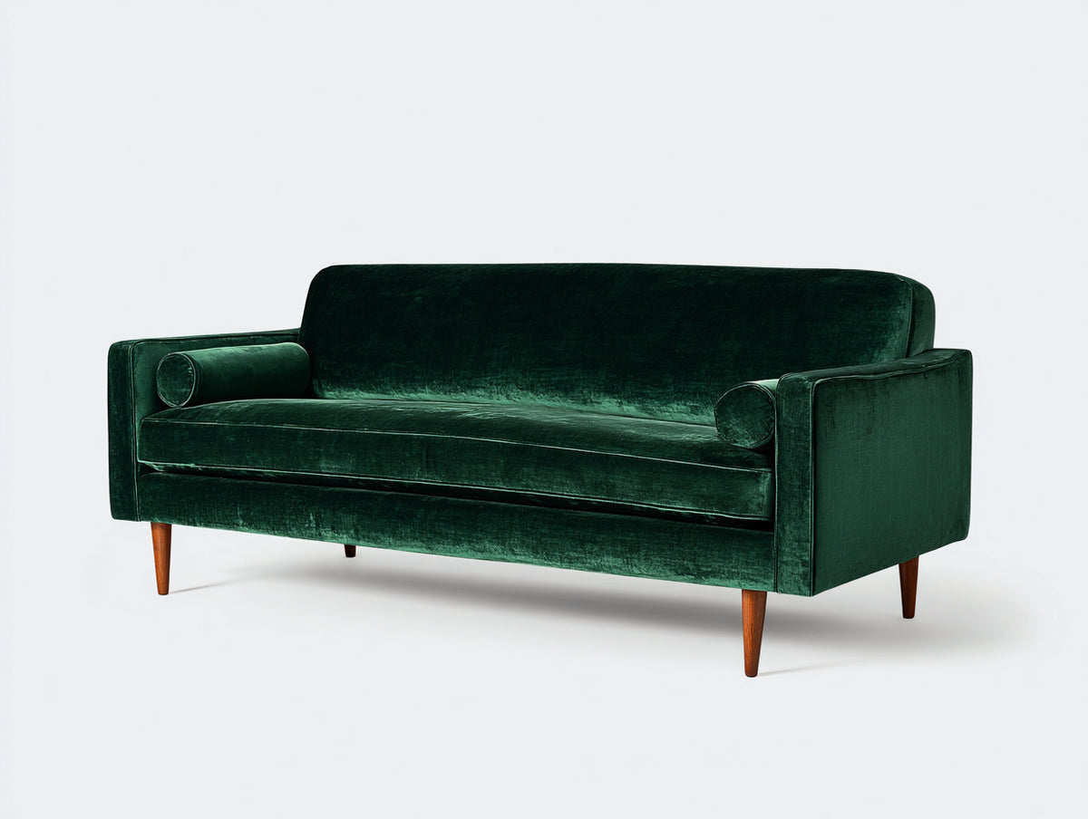 Sofa-Samt/Holz-218×90×86 cm-Smaragdgrün-geradliniger Dreisitzer im Retro-Stil fürs Wohnzimmer
