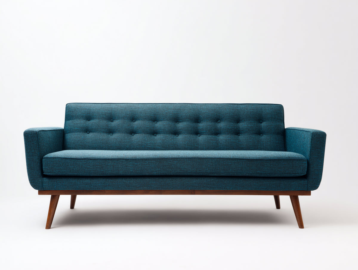 Sofa aus Webstoff 210×86×84 cm Petrolblau-Nussbraun für Wohnzimmer – Mid-Century Design