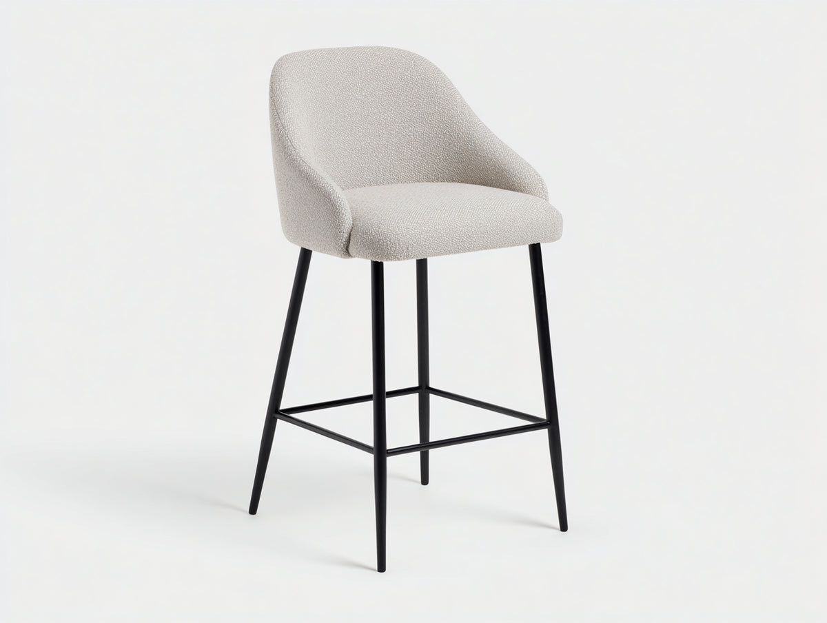 Barhocker-Bouclé-Metall-55×54×103 cm-Cremeweiß/Schwarz-gepolsterte Sitzschale für die Hausbar