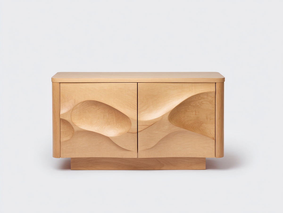 Sideboard-Holz-142×43×78 cm-Natur-zweitürig mit organischer Reliefstruktur fürs Wohnzimmer