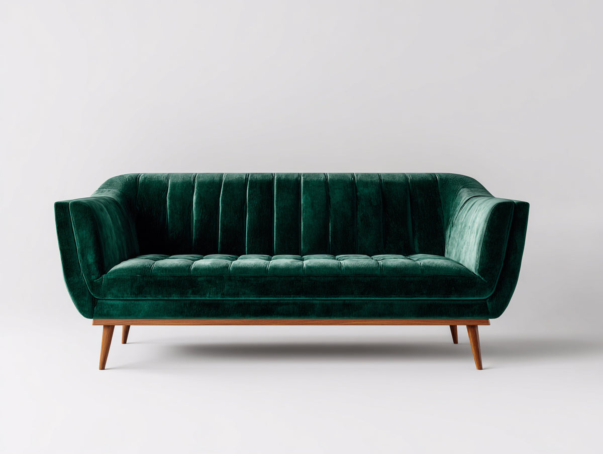 Sofa-Samt/Holz-222×88×82 cm-Dunkelgrün-Dreisitzer mit vertikaler Steppung fürs Wohnzimmer