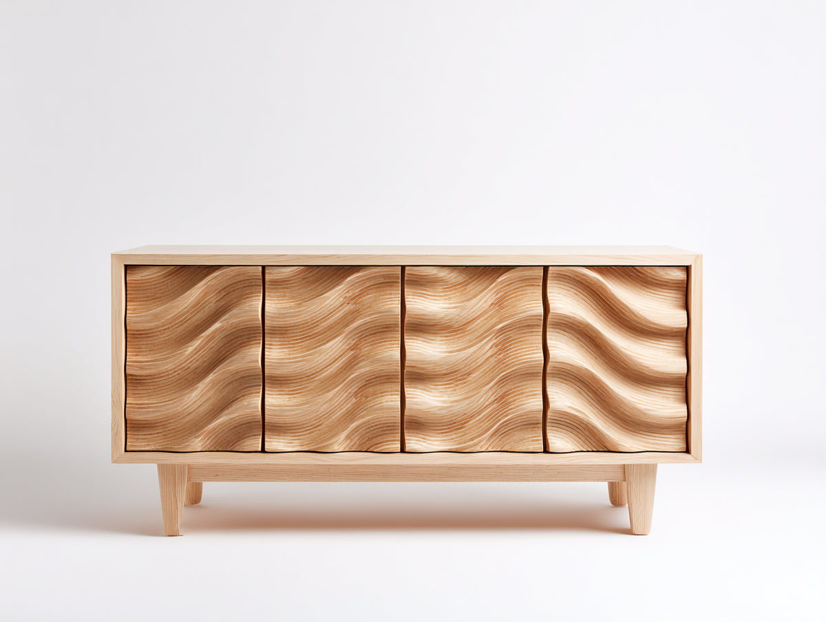 Sideboard-Holz-168×43×72 cm-Naturholz-breite Wellenfront fürs Wohnzimmer