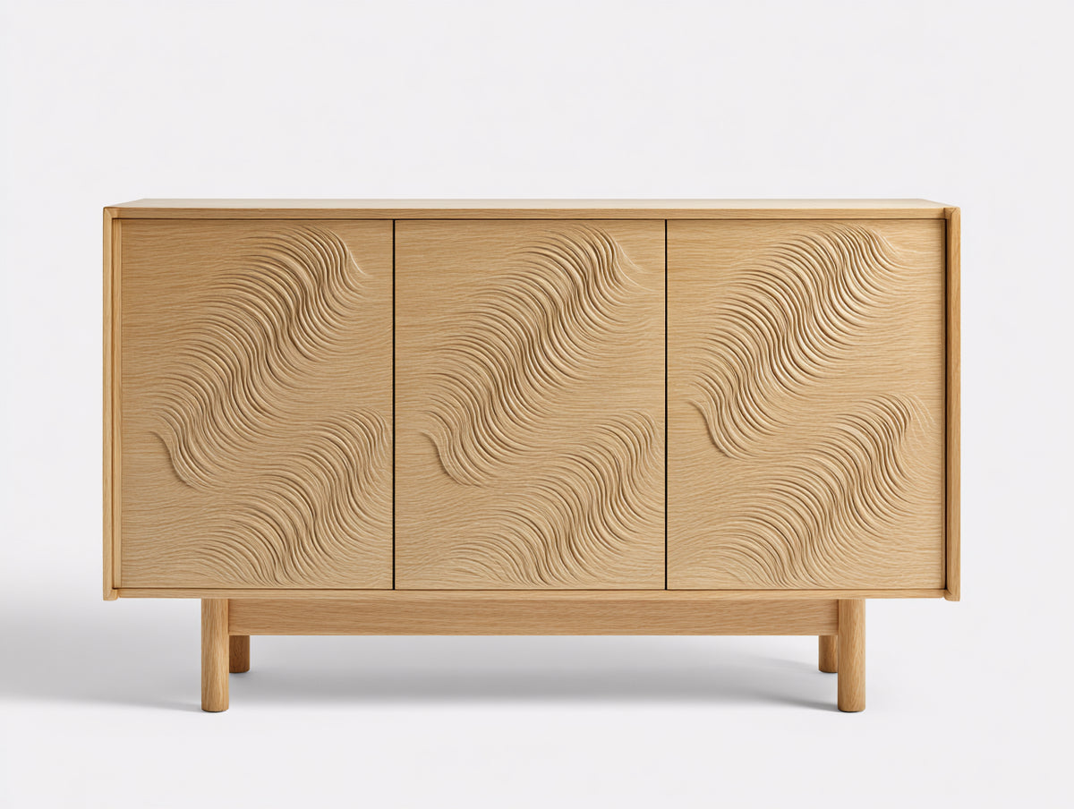 Sideboard aus Eichenholz 165×46×82 cm Natur für Wohnzimmer – 3 Türen mit geschnitztem Wellenmuster